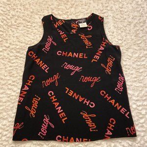 CHANEL Vintage Logo Rouge Print Silk Tank Top